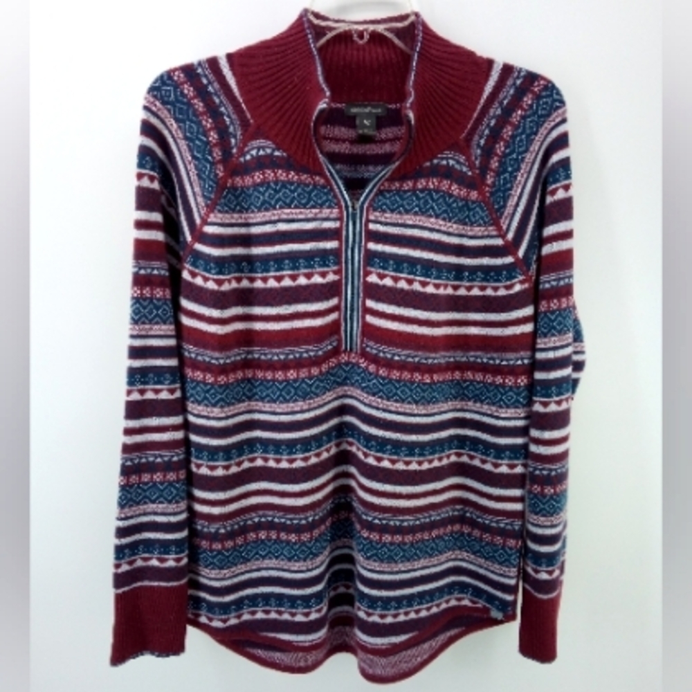 Eddie Bauer Fair Isle holiday 2019 burgundy blue quarter zip sweater Grandpa M
